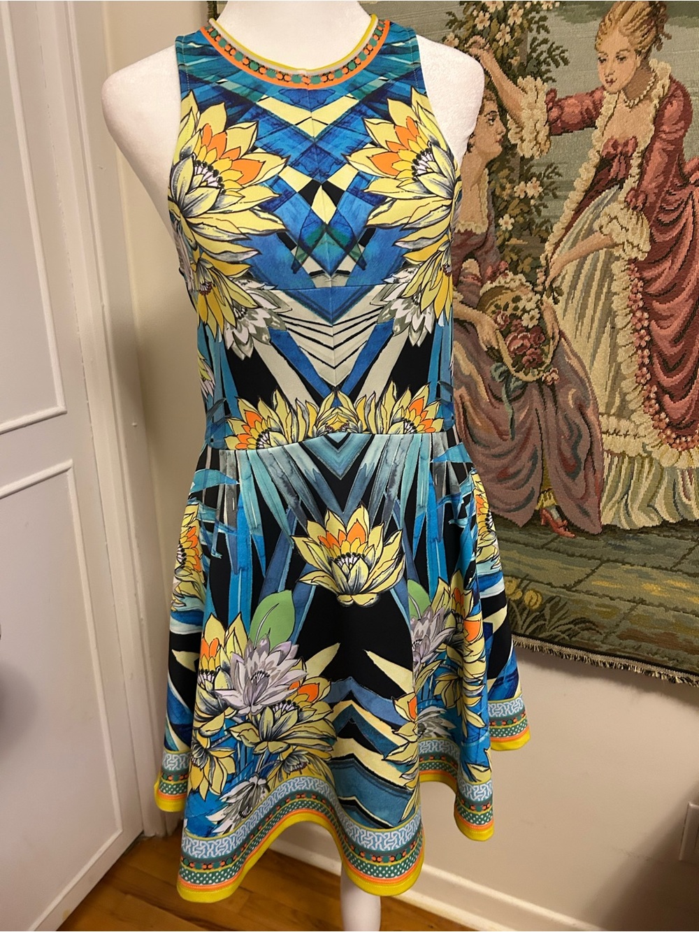 Blue Floral Sleeveless Skater Dress